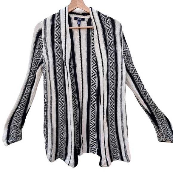 CHAPS DENIM Sweater Black Ivory Long Line Open Front Cardigan Knit Cotton Small - Picture 12 of 12